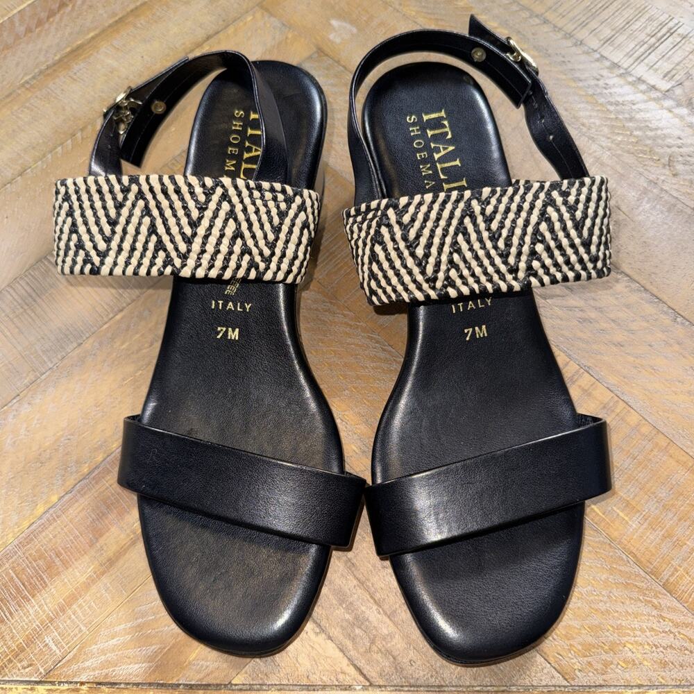 Italia Shoemakers Ankle Strap Sandals 7M Black Woven Resort Coastal Boho Italy